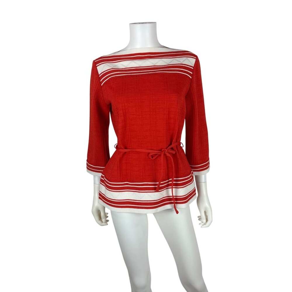 Vintage 70s Striped Top Womens Large Red & White Stripes Knit Boatneck Tunic